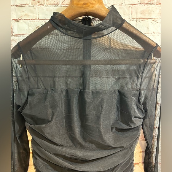 Lulus Impressive Flirt Black Mesh Ruched Mock Neck Midi Dress Black Size Large - Picture 4 of 4